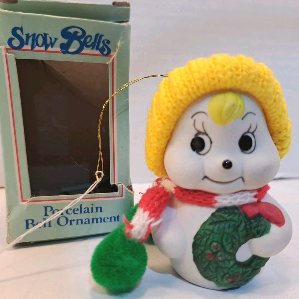 Snow Bells Porcelain Snowman Bell Ornament Hanging Boxed 1985 Christmas 3in